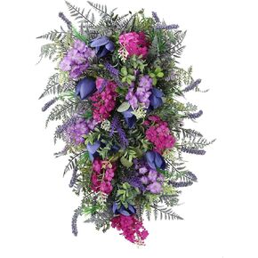 Spring Wreath for Front Door, Spring Teardrop Swag, Artificial Lavender Tulip Flowers Swag with Green Leaves, Artificial Floral Swag Wreath for Window Wall Home Decor(Dark purple)