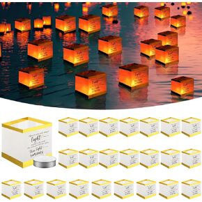 MTLEE 25Pcs Funeral Favors for Guests Memorial Floating Lanterns Biodegradable Chinese Paper Lanterns 50PCS Floating Water Candles for Loss of Loved One, 5.91x 5.91inches(Stylish)