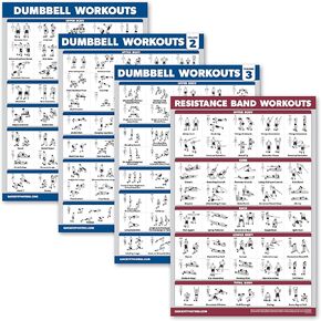 Palace Learning 4 Pack - Dumbbell Workout Posters Volume 1, 2 & 3 + Resistance Bands Exercise Chart - Set of 4 Posters