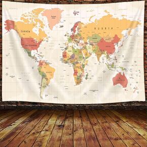 World Map Tapestry for Kids Student, World Map with Countries and Major Cities Tapestry Educational Tapestry, Asia Europe South City Topography America Africa Japan Wall Tapestries 60X40 Inch(Yellow)