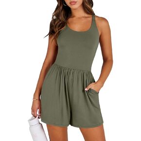 Caracilia Womens Rompers 2024 Summer Casual Sleeveless Shorts Romper Yoga Athletic Jumpsuits Trendy Outfits with Pockets