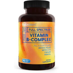 BioEmblem Vitamin B-Complex - All 8 Active Forms with Methyl Folate, Methyl B12, B6, Biotin Plus Choline Inositol, Supports Energy, Metabolism, Brain, Heart Health - B Vitamin Supplement 90 Capsules