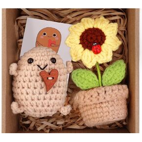 Positive Mini Potato Funny Gift Emotional Support Potato Sunflower 2PCS for Encouragement Positive Crochet Birthday Gifts for Girls Women Best Friend Graduation Gift Handmade Home Office Decoration