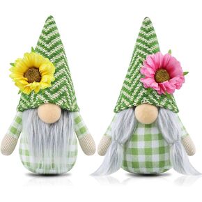 Gehydy Set of 2 Summer Gnomes Plush Sunflower Gnome Decoration Gift Handmade Scandinavian Tomte Stuffed Farmhouse Decor for Home Kitchen Tiered Tray (Green)