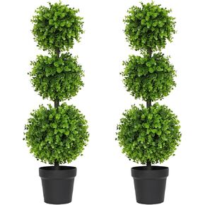 Luyue 2 Pack Artificial Boxwood Ball 3FT Fake Boxwood Topiary Tree Set of 2 Faux 3 Balls Tree Topiary in Pot Boxwood Ball Plant for Outdoor Front Door Porch Plant Tree Outdoor Topiary Tree
