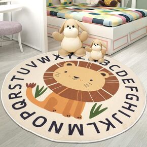 Kid Rugs Animal Play Rug 4Ft Large Round Lion Play Mat Soft Alphabet Educational Area Rug Nonslip Circle Baby Crawling Mat for Boys Girls Floor Carpet for Kids Playroom Nursery Decor, Sitting