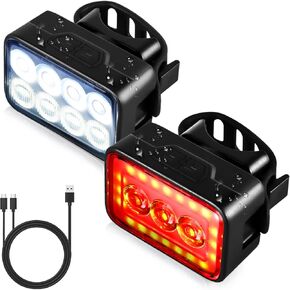Bike Head and Tail Light Set, Ultra Bright 8+3 LED Lamp, IP64 Waterproof, 9+12 Modes, Front and Rear Taillight Reflectors for Night Riding/Cycling Safety