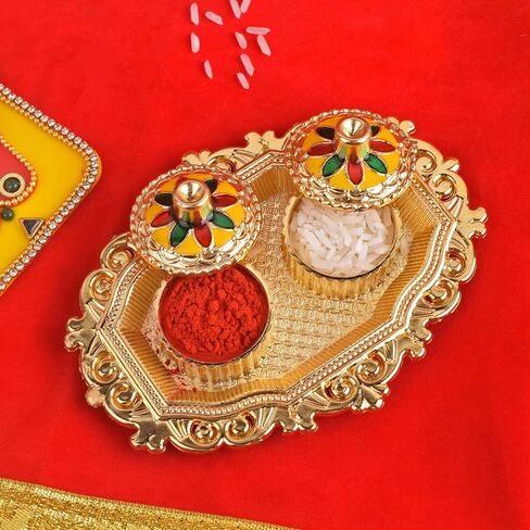 SATVIK 1 Pc Golden Decorative Kankavati Roli Chawal/Rice Holder with Lid, Kumkum Haldi Holder Designer Rakhi Pooja Thali Festival Diwali Pujan Tika Roli Plate Indian Housewarming Return Gifts Items in Saudi Arabia