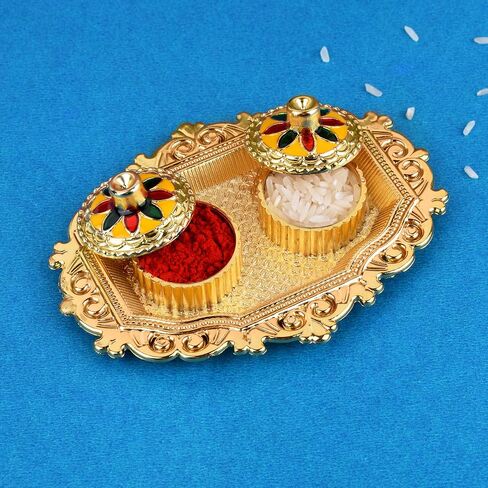 SATVIK 1 Pc Golden Decorative Kankavati Roli Chawal/Rice Holder with Lid, Kumkum Haldi Holder Designer Rakhi Pooja Thali Festival Diwali Pujan Tika Roli Plate Indian Housewarming Return Gifts Items in Saudi Arabia