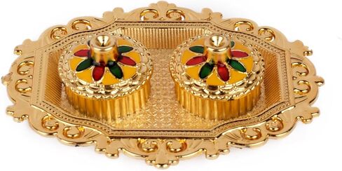 SATVIK 1 Pc Golden Decorative Kankavati Roli Chawal/Rice Holder with Lid, Kumkum Haldi Holder Designer Rakhi Pooja Thali Festival Diwali Pujan Tika Roli Plate Indian Housewarming Return Gifts Items in Saudi Arabia