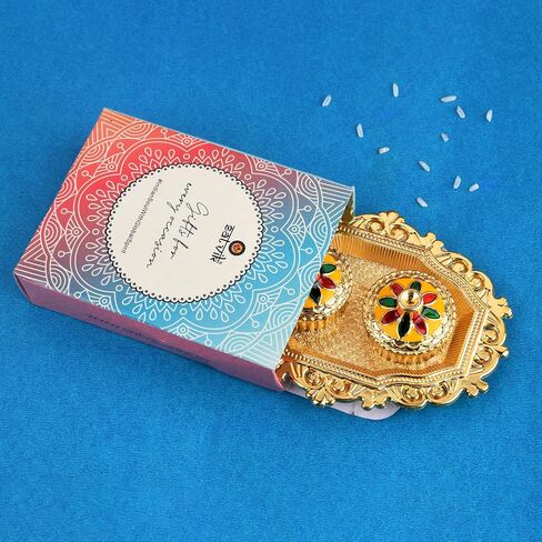 SATVIK 1 Pc Golden Decorative Kankavati Roli Chawal/Rice Holder with Lid, Kumkum Haldi Holder Designer Rakhi Pooja Thali Festival Diwali Pujan Tika Roli Plate Indian Housewarming Return Gifts Items in Saudi Arabia