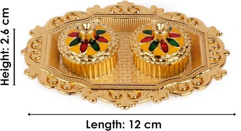 SATVIK 1 Pc Golden Decorative Kankavati Roli Chawal/Rice Holder with Lid, Kumkum Haldi Holder Designer Rakhi Pooja Thali Festival Diwali Pujan Tika Roli Plate Indian Housewarming Return Gifts Items in Saudi Arabia