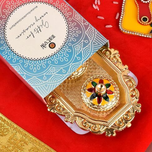 SATVIK 1 Pc Golden Decorative Kankavati Roli Chawal/Rice Holder with Lid, Kumkum Haldi Holder Designer Rakhi Pooja Thali Festival Diwali Pujan Tika Roli Plate Indian Housewarming Return Gifts Items in Saudi Arabia