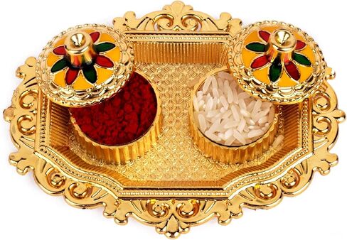 SATVIK 1 Pc Golden Decorative Kankavati Roli Chawal/Rice Holder with Lid, Kumkum Haldi Holder Designer Rakhi Pooja Thali Festival Diwali Pujan Tika Roli Plate Indian Housewarming Return Gifts Items in Saudi Arabia