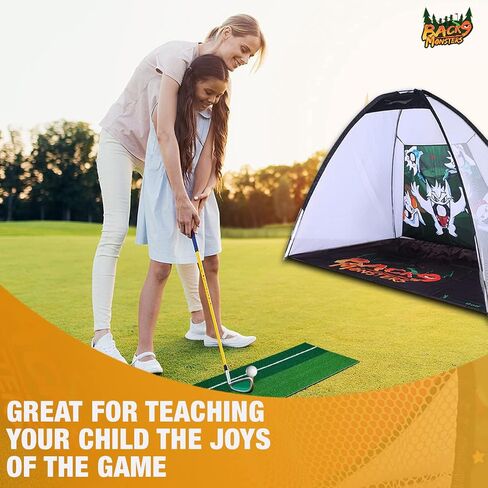 Golf Hitting Net for Kids - Fun Pop Up Chipping Driving Practice with Cute Monster Illustrations, Side Nets, Target Cloth, Carry Bag. Large 9.8x6.5 Feet Ideal for Indoors & Backyard in Saudi Arabia