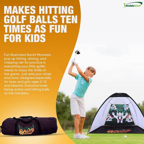 Golf Hitting Net for Kids - Fun Pop Up Chipping Driving Practice with Cute Monster Illustrations, Side Nets, Target Cloth, Carry Bag. Large 9.8x6.5 Feet Ideal for Indoors & Backyard in Saudi Arabia