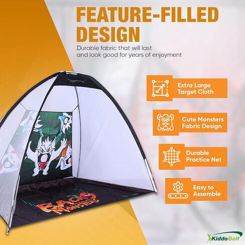 Golf Hitting Net for Kids - Fun Pop Up Chipping Driving Practice with Cute Monster Illustrations, Side Nets, Target Cloth, Carry Bag. Large 9.8x6.5 Feet Ideal for Indoors & Backyard in Saudi Arabia