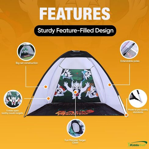 Golf Hitting Net for Kids - Fun Pop Up Chipping Driving Practice with Cute Monster Illustrations, Side Nets, Target Cloth, Carry Bag. Large 9.8x6.5 Feet Ideal for Indoors & Backyard in Saudi Arabia