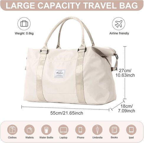 حقيبة سفر للنساء، حقيبة حمل لعطلات نهاية الأسبوع حقيبة حمل طوال الليل مع حقيبة رياضية بأكمام ترولي مع جيب مبلل للأغراض الشخصية، حقيبة سفر للتمرين، حقيبة من القماش الخشن باللون البيج والأخضر in Kuwait
