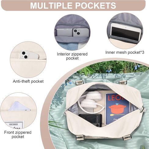 حقيبة سفر للنساء، حقيبة حمل لعطلات نهاية الأسبوع حقيبة حمل طوال الليل مع حقيبة رياضية بأكمام ترولي مع جيب مبلل للأغراض الشخصية، حقيبة سفر للتمرين، حقيبة من القماش الخشن باللون البيج والأخضر in Kuwait