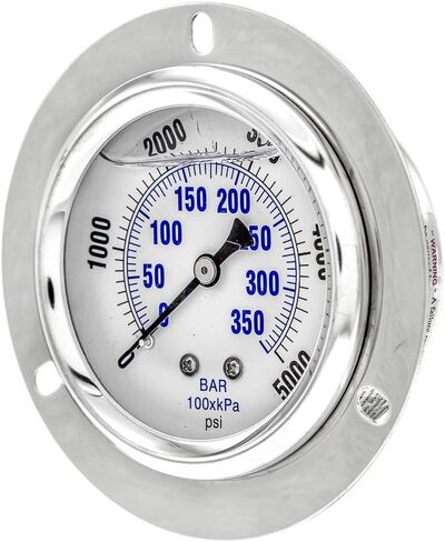 PIC Gauges PRO-204L-254R Panel Mount Front Flanged Glycerin Filled Industrial Pressure Gauge w/ SS Case, Brass Internals, Plastic Lens, 2.5" Dial, 0/5000 psi Range, 1/4" Male NPT in Saudi Arabia