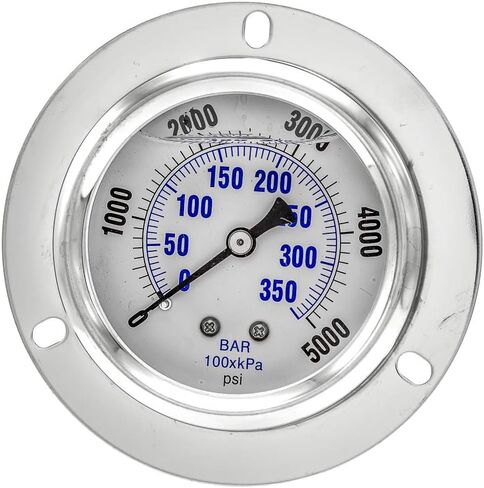 PIC Gauges PRO-204L-254R Panel Mount Front Flanged Glycerin Filled Industrial Pressure Gauge w/ SS Case, Brass Internals, Plastic Lens, 2.5" Dial, 0/5000 psi Range, 1/4" Male NPT in Saudi Arabia
