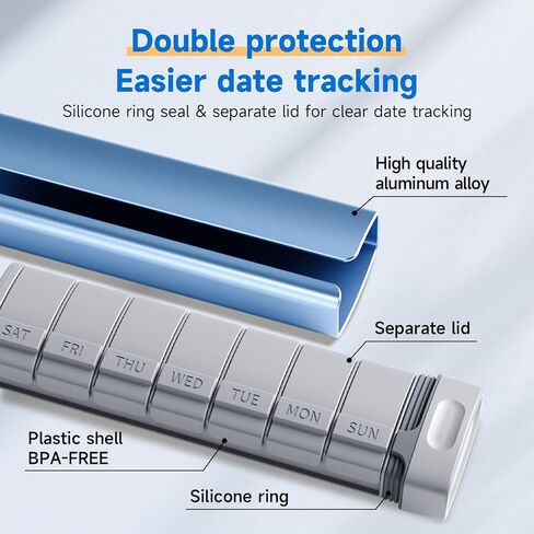 منظم حبوب منع الحمل لمدة 7 أيام، صندوق حبوب منع الحمل اليومي من سبائك الألومنيوم الفاخر من بيتيفي، حقيبة حبوب سفر أسبوعية، حامل حبوب لطيف لحمل الفيتامينات والأدوية والحبوب والمكملات الغذائية (أسود) in Kuwait