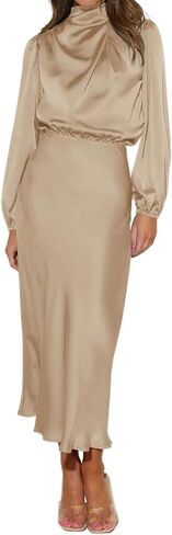 ABEWIP Women's Satin Mock Neck Maxi Dress Long Sleeve Elegant Elastic High Waist Fall Formal Wedding Cocktail Prom in Kuwait