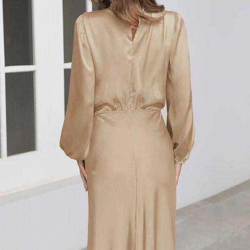 ABEWIP Women's Satin Mock Neck Maxi Dress Long Sleeve Elegant Elastic High Waist Fall Formal Wedding Cocktail Prom in Kuwait