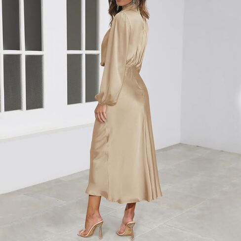 ABEWIP Women's Satin Mock Neck Maxi Dress Long Sleeve Elegant Elastic High Waist Fall Formal Wedding Cocktail Prom in Kuwait