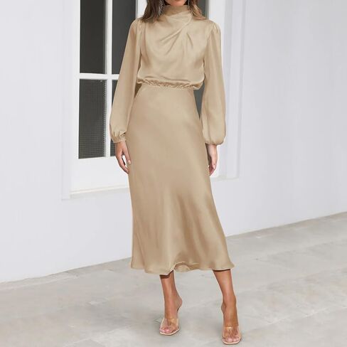 ABEWIP Women's Satin Mock Neck Maxi Dress Long Sleeve Elegant Elastic High Waist Fall Formal Wedding Cocktail Prom in Kuwait