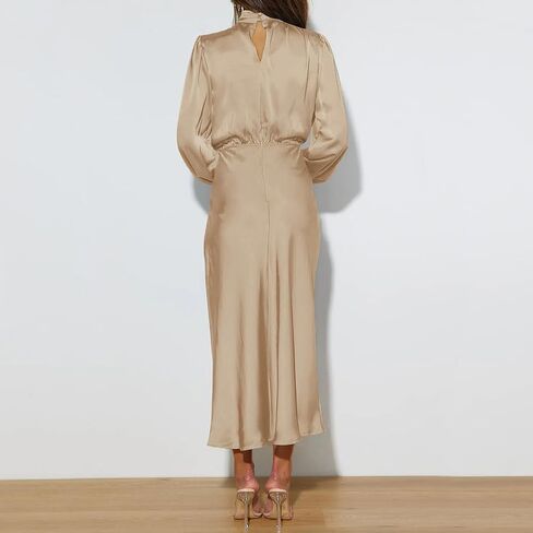 ABEWIP Women's Satin Mock Neck Maxi Dress Long Sleeve Elegant Elastic High Waist Fall Formal Wedding Cocktail Prom in Kuwait