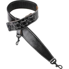 Walker & Williams BS-74-BLK Premium Handmade Soft Black Full Grain Leather Padded Clip Style Banjo Strap For Bluegrass And Frailing Banjos