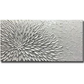 AZAVY Art,24X48Inch Textured Hand Painted Abstract Silver Flower Art Canvas Oil Painting White Minimalist Wall Art Wood Inside Framed Ready to Hang