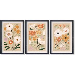 Boho Flowers Plant Wall Art Sign Set of 3 16"x24" Mid Century Modern Minimalist Wooden Framed Abstract Botanical Flower for Vintage Living Room Offic Bedroom Wall Hanging Decoration (Black)