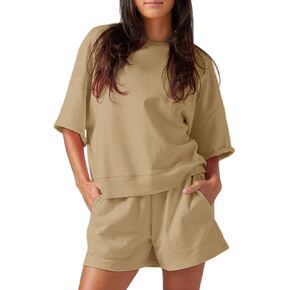 Fisoew Womens 2 Piece Outfits Casual Oversized Cropped Sweatshirt and High Waist Running Shorts Tracksuit Sets