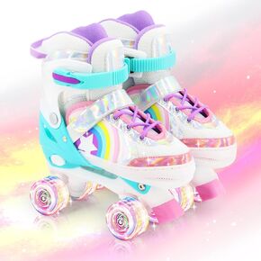 Adjustable Roller Skates, 8 Light Up Wheels and 4 Sizes Adjustable Light Up Roller Skates for Kids Boys Girls Double-Row Roller Quad Skates for Beginner