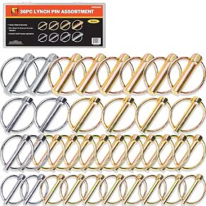 Wellmax 36 Pcs Lynch Pin Assortment in 3/16", 1/4", 5/16" and 7/16" Diameter Zinc-Plated Heavy Duty Safety Pins