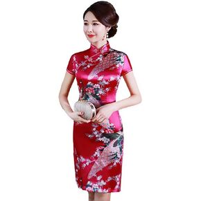 Short Cheongsam Crane Printed Mandarin Collar Side Split Above Knee Dress Chinese Traditional Costume