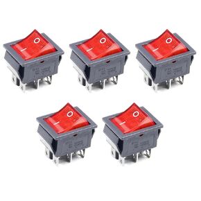 Fielect 5Pcs Rocker Switch 6 Pins 2 Position Boat Rocker Switch On/Off AC 250V/16A 125V/20A Rocker Toggle Switch with Red Light KCD4