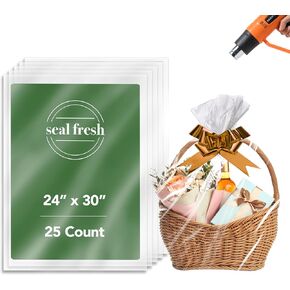 Seal Fresh Shrink Wrap Clear Gift Bags for Gift Baskets (Ribbon and Basket NOT Included) – 24" x 30" (25 Count) – PVC Plastic Shrink Wrap Bags, Heat Shrink Wrap, Plastic Gift Bags, Heat Shrink Bags