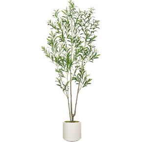 2Pack Tall Faux Olive Tree, 6FT Olive Trees Artificial Indoor with Large White Planter and Natural Wood Trunk and Realistic Leaves, Fake Olive Tree for Home House Office Décor in Kuwait