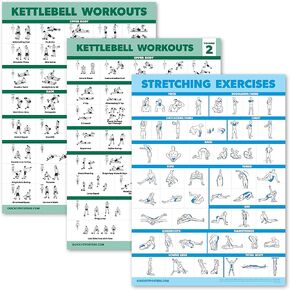 Palace Learning 3 Pack Kettlebell Workouts Volume 1 & 2 + Stretching Exercises Poster Set - Set of 3 Workout Charts [LIGHT] (LAMINATED, 18" x 24")