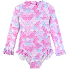 Baby Toddler Girl Long Sleeve Ruffle Swimsuit One Piece Zipper Rash Guard Bathing Suit with UPF 50+ Sun Protection