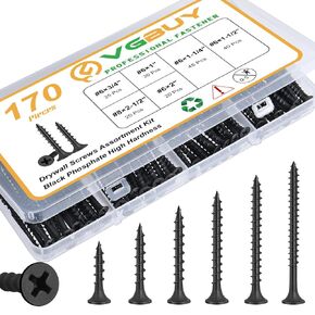 170pcs Drywall Screws Assortment Kit, Black Wood Screws, Sheetrock Screws Set, Coarse Thread, Phillips Head Drive, 6 Sizes Wood Screws Assortment Kit (2-1/2",2",1-1/2",1-1/4",1",3/4")