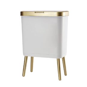 Bathroom Trash Can with Lid, Plastic Garbage Can with Lid, 4 Gal Gold Trash Bin with Push Button, Narrow White Trash Can Waste Basket for Bedroom, Living Room,Office，Dog Proof Trash Can
