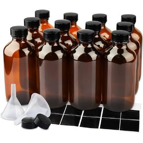 12 Pack 8 oz Amber Glass Bottles, 240ml Boston Round Sample Bottles with Black Poly Cone Caps, Labels and Funnels