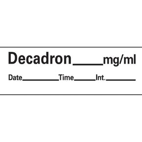 AN-203 "Decadron mg/mL" Removable Anesthesia Tape with Date, Time and Initial, 1" Core, 1/2" Width, 500" Length, White