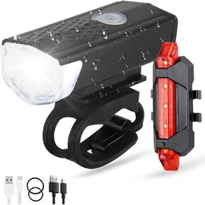 Rechargeable Bike Lights Set Ultra Bright Bicycle Rear Lights for Night Riding Essential Front Headlight and Back Taillight Waterproof 4 Modes Warning Light for Men Women Kids MTB