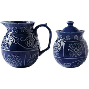 Blue Relief Series Design Cream Jug Sugar Jar Ceramic Creamer and Sugar Set Coffee Serving Set